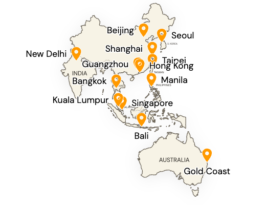 Map showing EventOPQ congress delivery experience across 13 Asia-Pacific cities