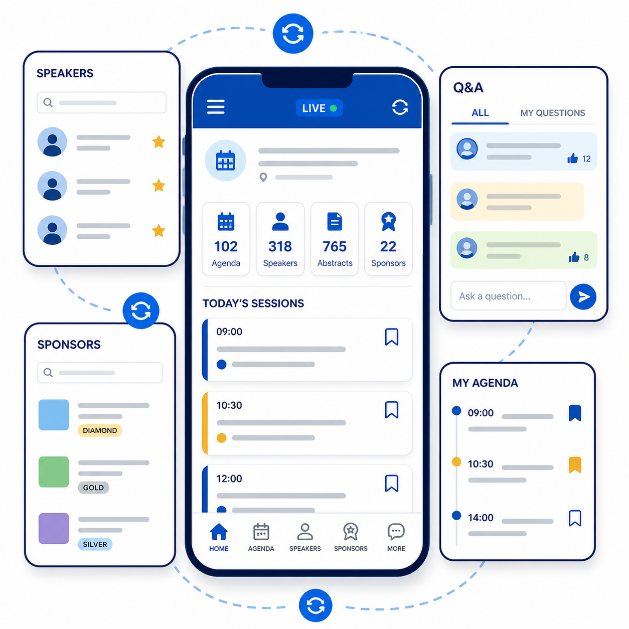 EventOPQ Conference App live dashboard, agenda, profiles and Q&A illustration